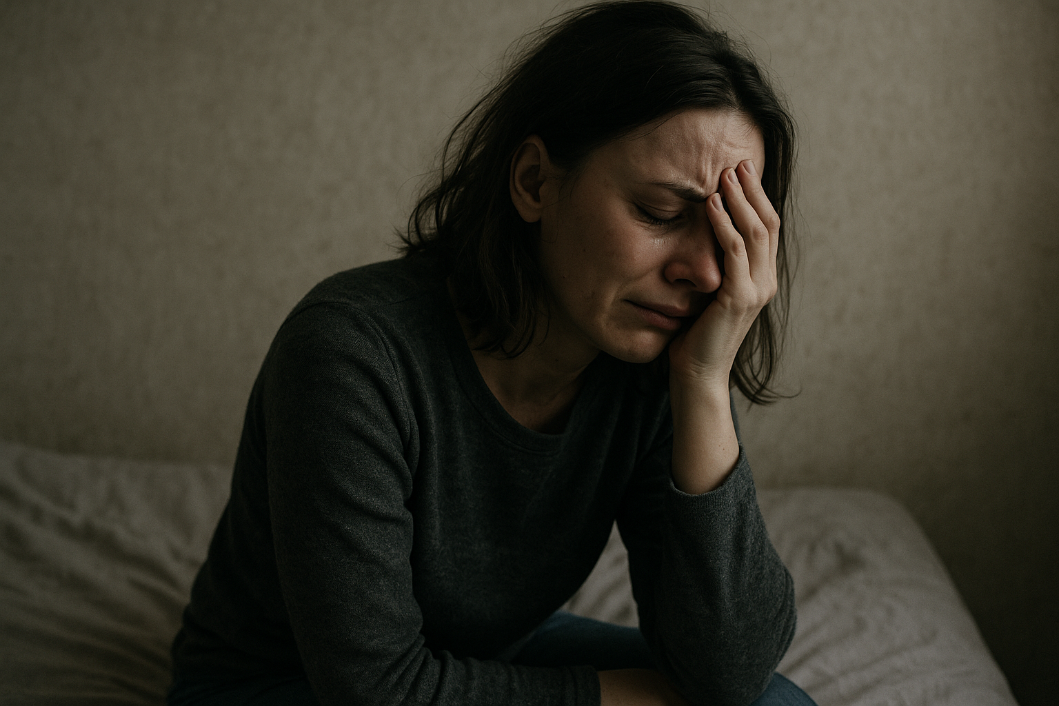 Kobieta siedząca samotnie z pochyloną głową, wyrażająca smutek i przygnębienie – wizualna reprezentacja depresji.
