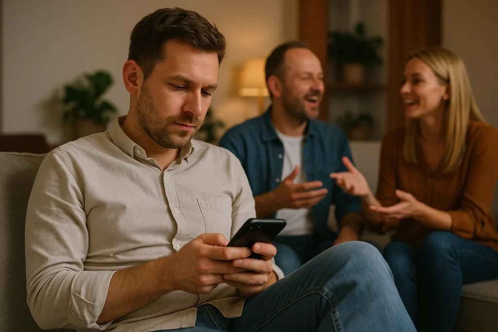Mężczyzna wpatrzony w ekran telefonu, podczas gdy dwoje ludzi za nim żywo rozmawia – symbolizuje izolację wywołaną nadmiernym korzystaniem z AI chatbotów.