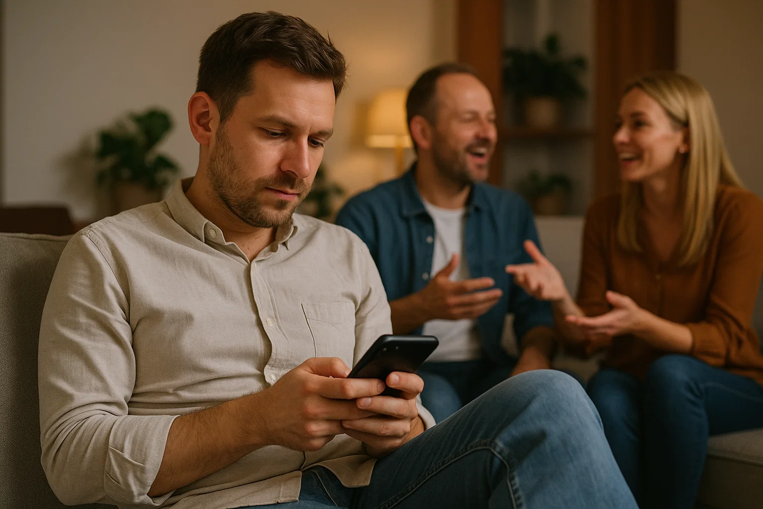 Mężczyzna wpatrzony w ekran telefonu, podczas gdy dwoje ludzi za nim żywo rozmawia – symbolizuje izolację wywołaną nadmiernym korzystaniem z AI chatbotów.