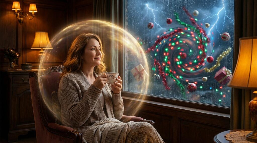 Kobieta siedząca spokojnie w fotelu, otoczona ciepłym światłem, pijąca herbatę, podczas gdy za oknem chaos świąt z błyskawicami