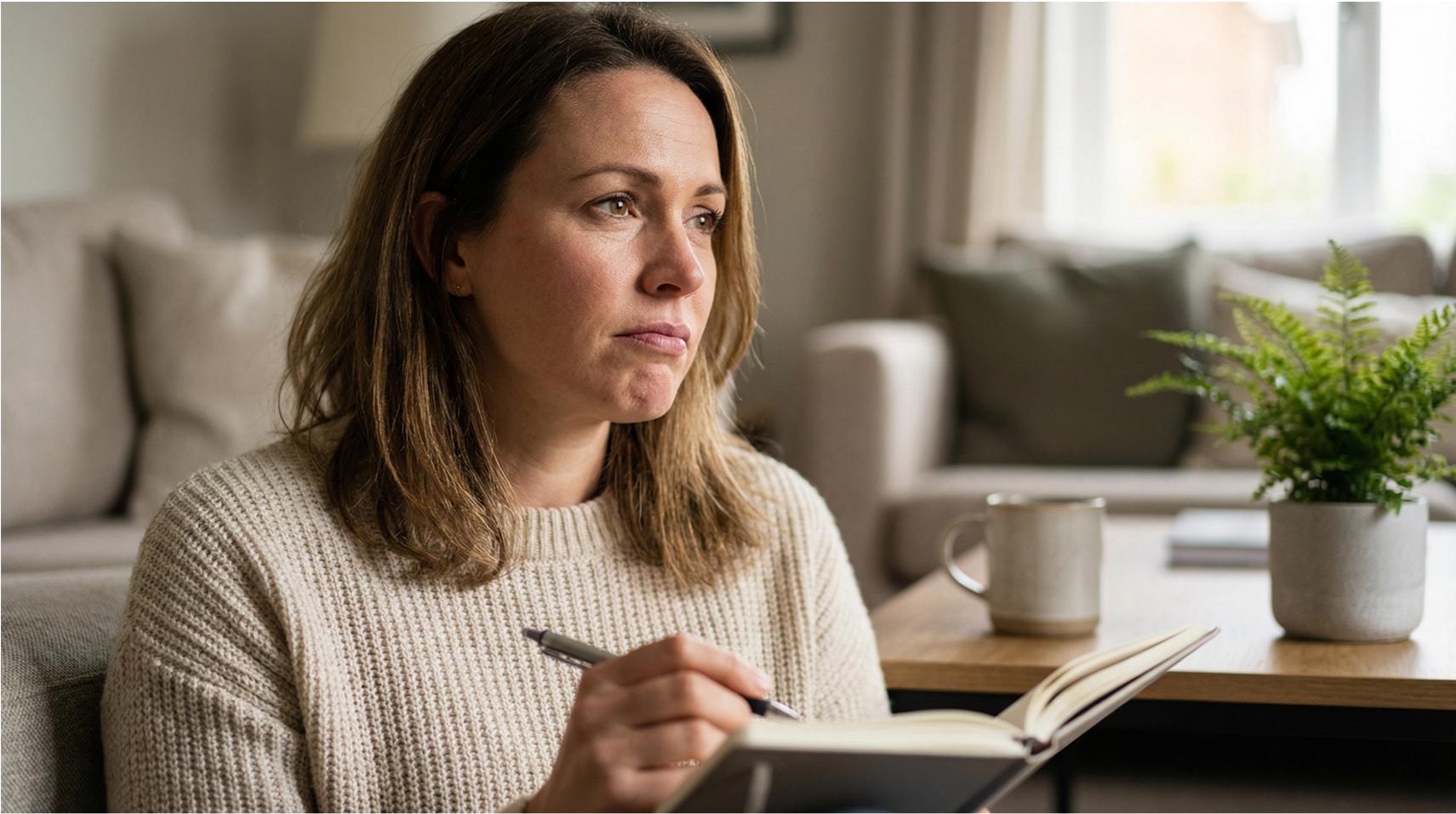 Kobieta w beżowym swetrze siedzi przy stole z notebookiem i długopisem, patrząc zamyślona w dal. Ciepłe światło z okna, roślina i kawa w tle.