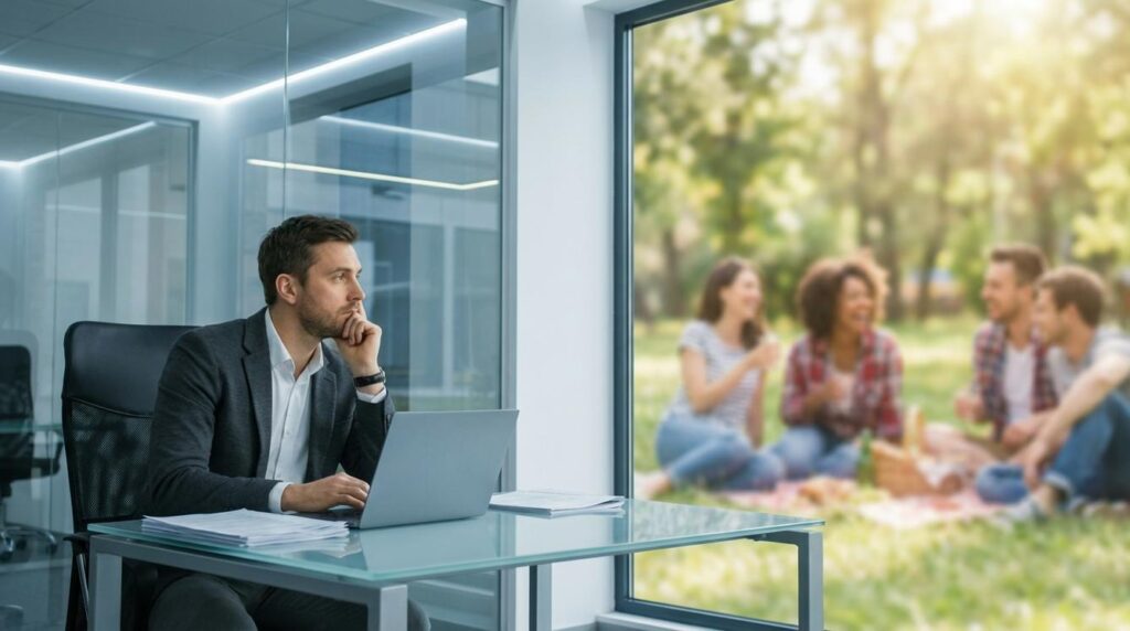 Młody profesjonalista w biurze korporacyjnym patrzy przez okno na przyjaciół bawiących się na zewnątrz - metafora przewartościowania celów życiowych po trzydziestce