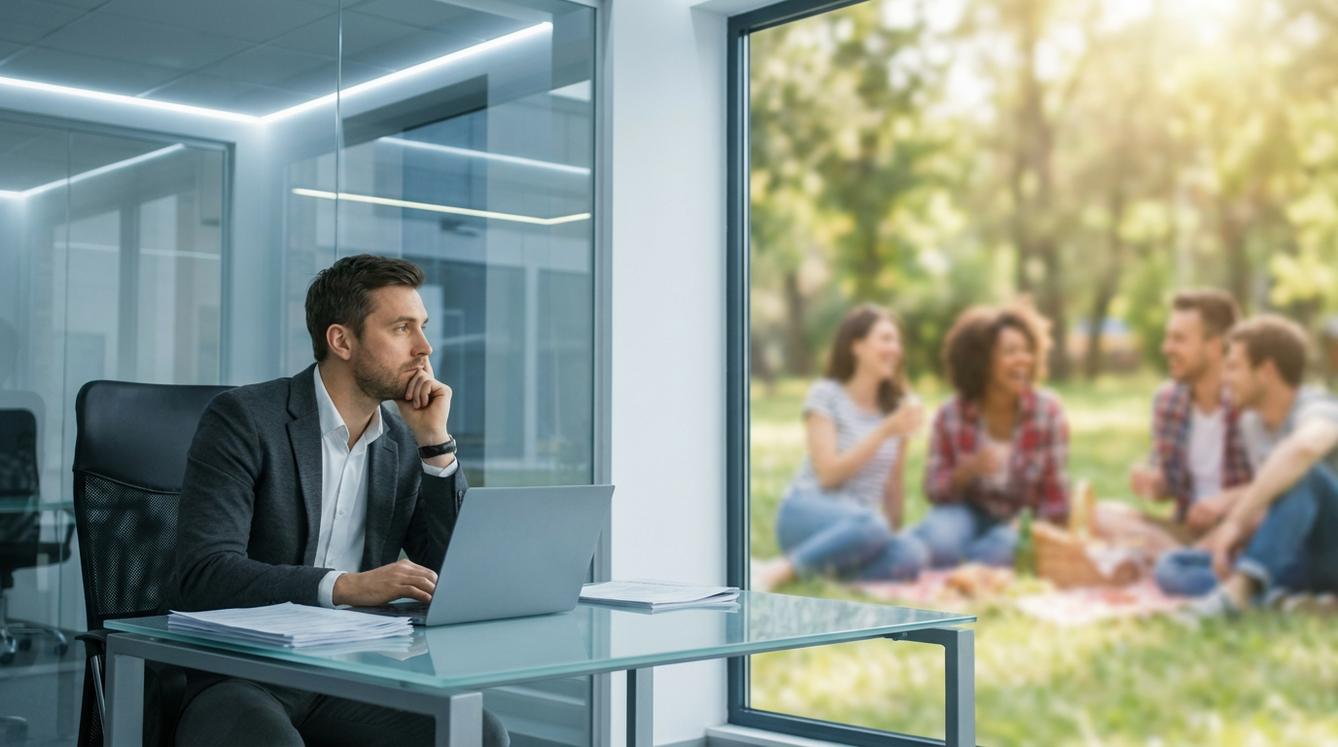 Młody profesjonalista w biurze korporacyjnym patrzy przez okno na przyjaciół bawiących się na zewnątrz - metafora przewartościowania celów życiowych po trzydziestce
