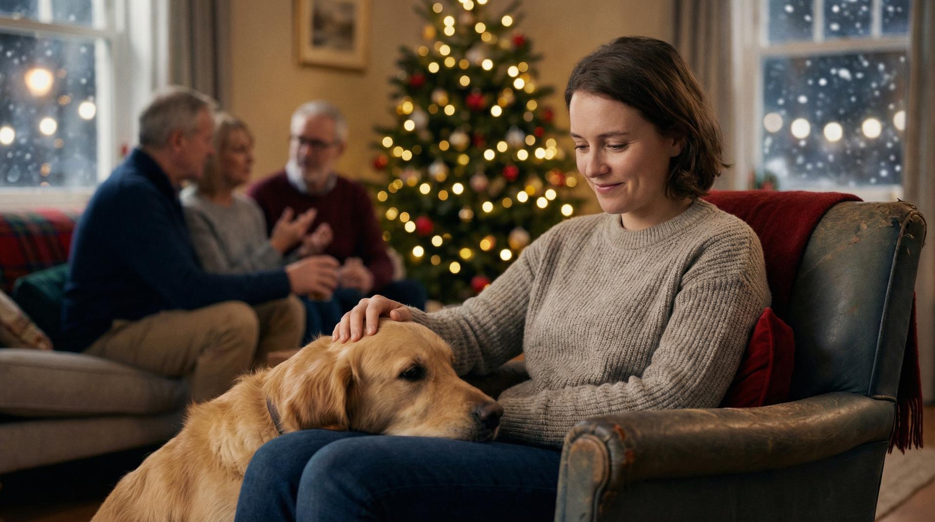 Kobieta siedząca na kanapie z psem, w tle rodzina przy choince – ilustracja emocjonalnych wyzwań i stresu w okresie świąt.