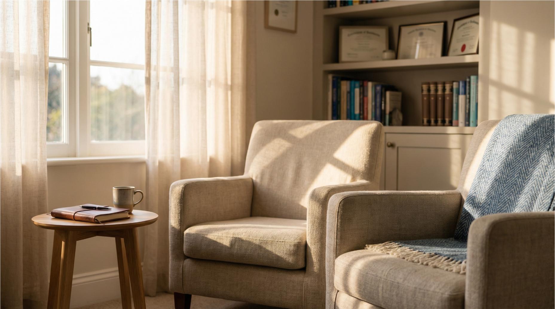 Gabinet psychologiczny z fotelami i książkami – przestrzeń do diagnozy zaburzeń osobowości ICD-10