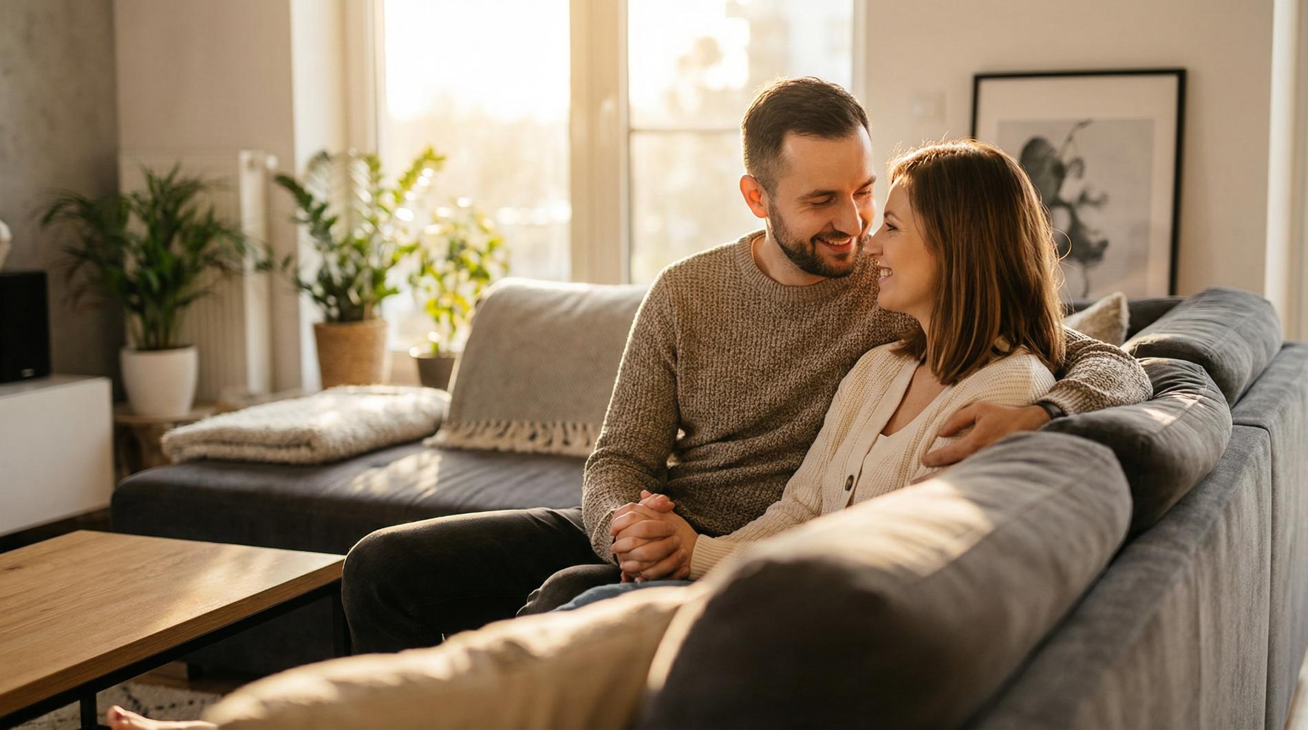 Mężczyzna i kobieta siedzą na szarej kanapie w przytulnym salonie, patrzą na siebie z autentycznym uśmiechem i czułością. Mężczyzna w beżowym swetrze, kobieta w beżowej kurtce, trzymają się blisko. Naturalne, ciepłe światło z okna. W tle rośliny doniczkowe, drewniany stolik, minimalistyczne wnętrze. Obraz symbolizuje bezpieczne przywiązanie, zaufanie i harmonię w relacji.