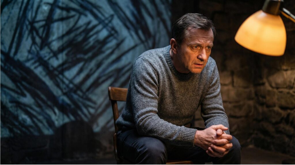 Osoba zmagająca się z lękiem i niepokojem podczas sesji pomocy psychologicznej.