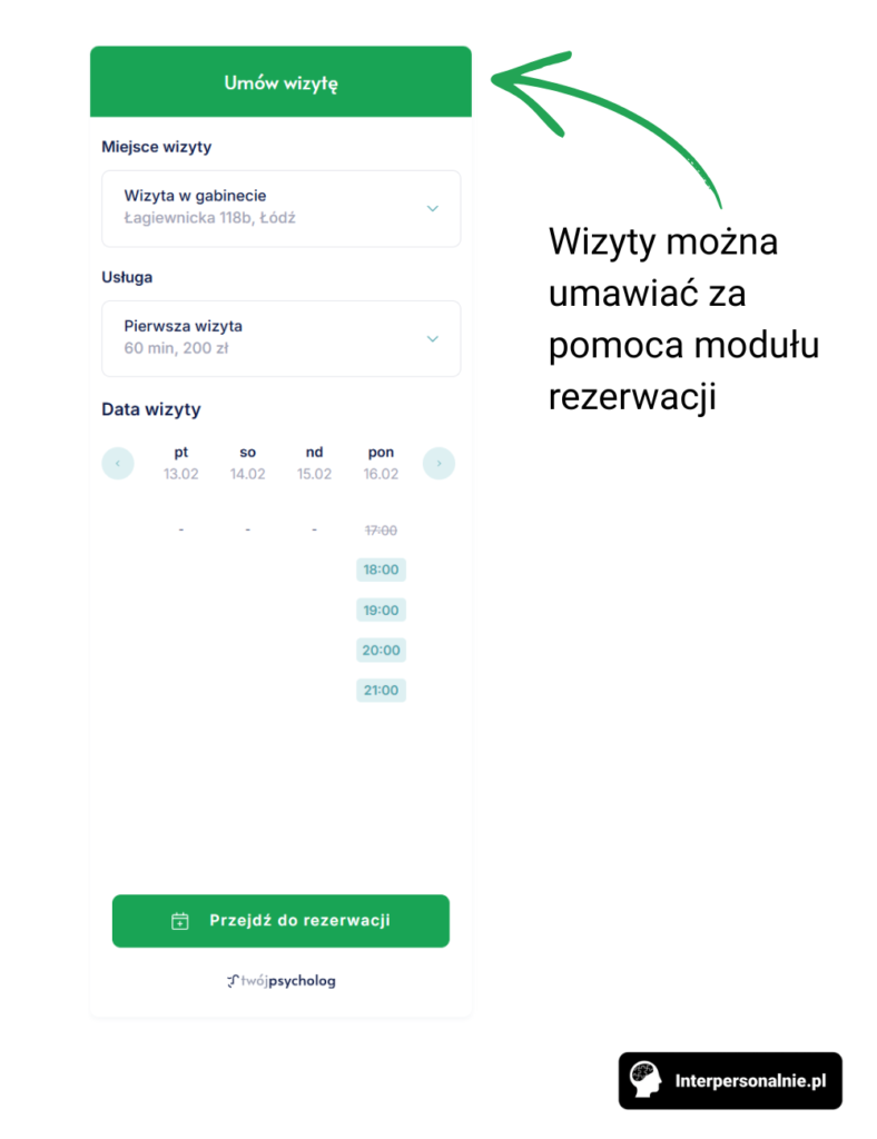 Moduł rezerwacji wizyty psychologicznej online na stronie Interpersonalnie.pl