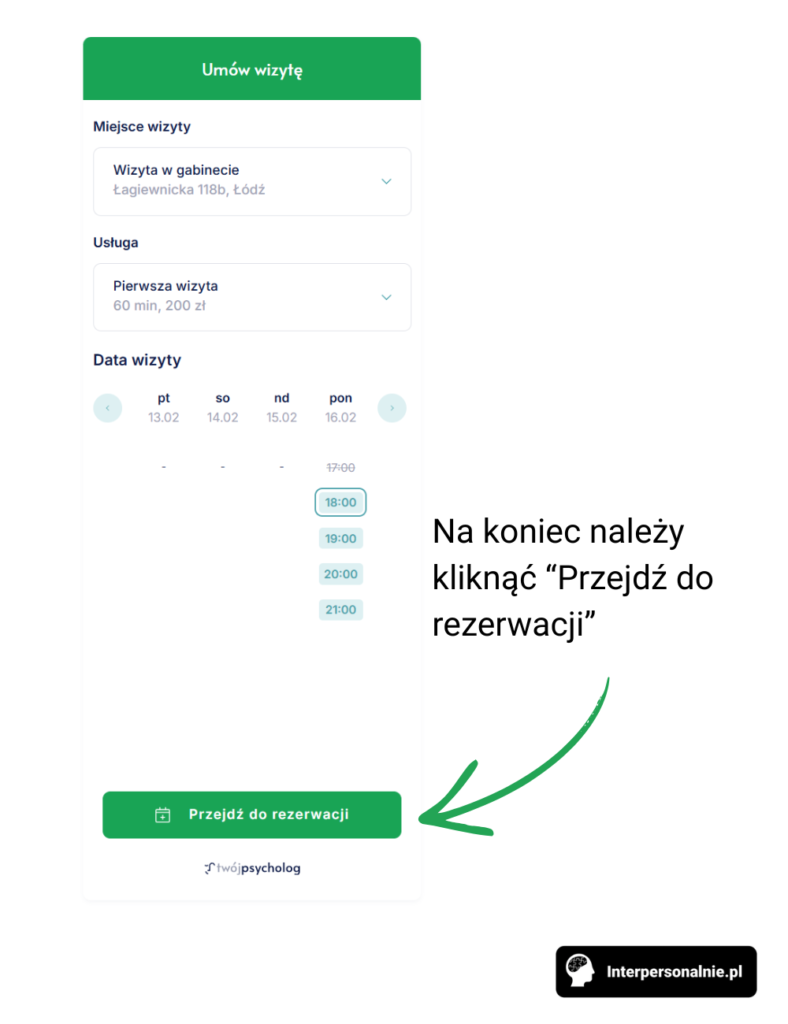 Przycisk Przejdź do rezerwacji w systemie TwójPsycholog