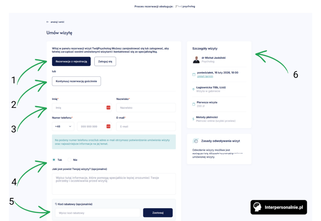 Formularz rezerwacji wizyty u psychologa – dane pacjenta w systemie TwójPsycholog
