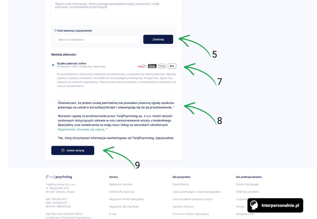 Formularz płatności za wizytę u psychologa – kod rabatowy, metody płatności i zgody RODO