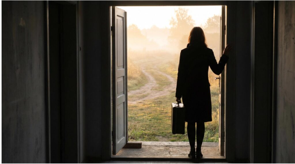 Kobieta z walizką stojąca w otwartych drzwiach patrząc na wschodzące słońce – symboliczne wyjście z przemocy domowej i nowy początek
