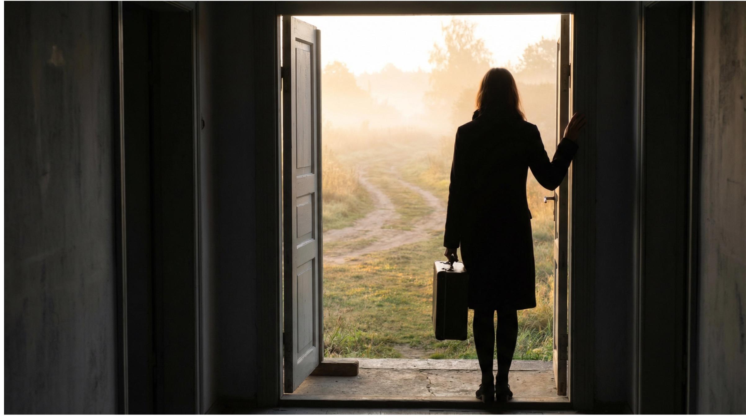 Kobieta z walizką stojąca w otwartych drzwiach patrząc na wschodzące słońce – symboliczne wyjście z przemocy domowej i nowy początek
