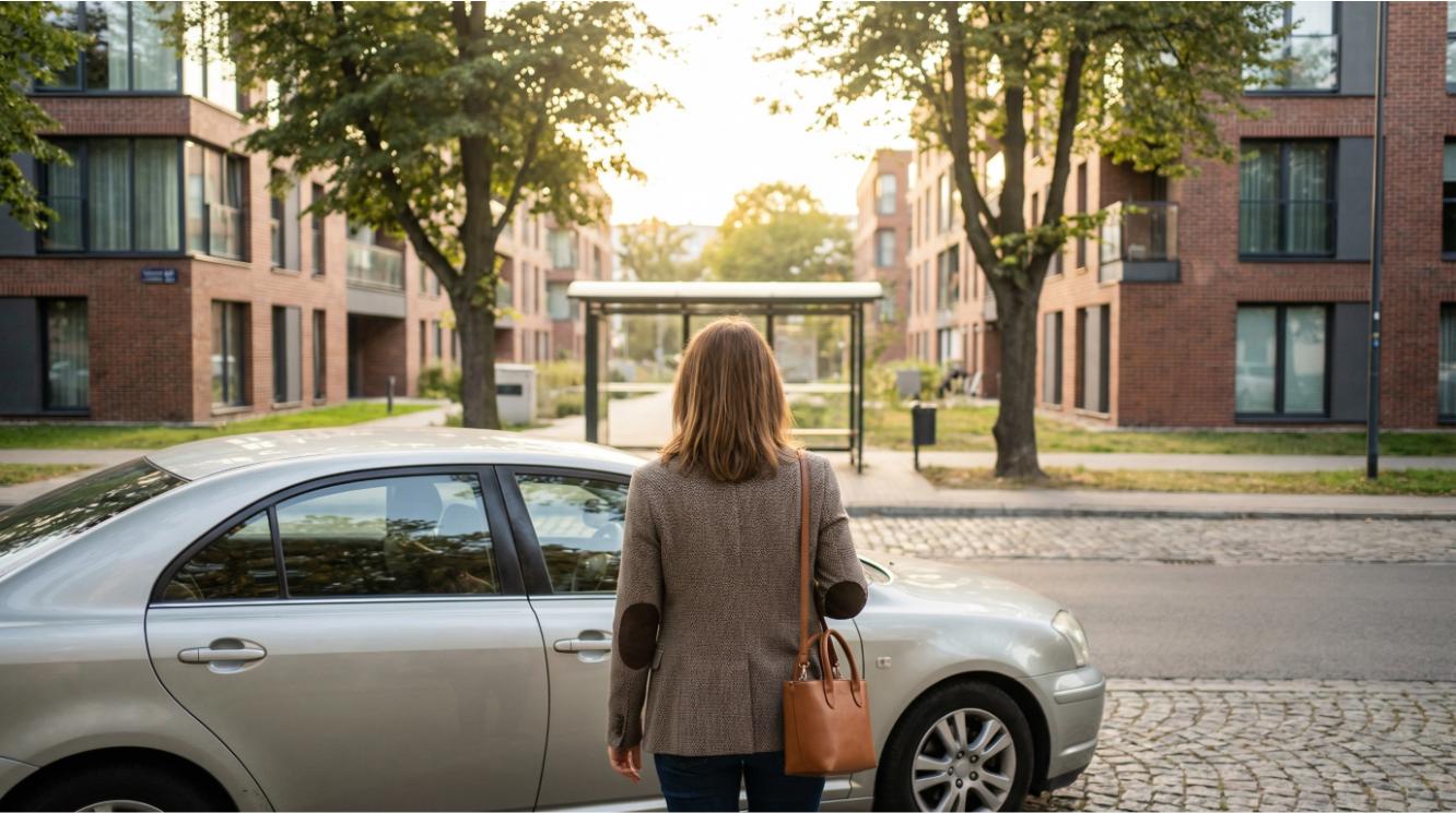 Kobieta stojąca przy samochodzie patrząca w kierunku przystanku autobusowego w spokojnej dzielnicy Łodzi