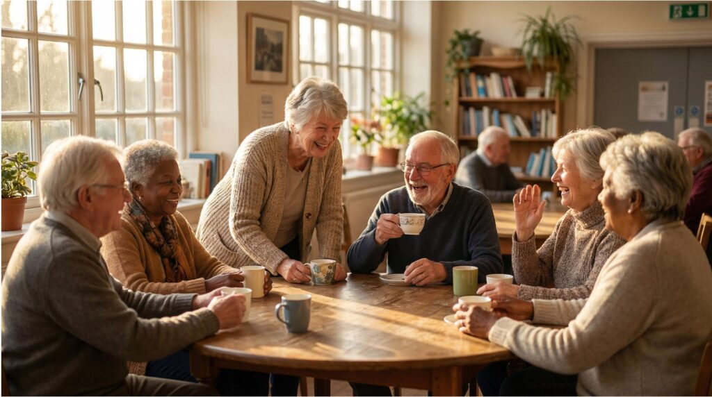 Grupa seniorów siedzi przy stole w centrum aktywności w Łodzi, rozmawia i śmieje się przy kawie – przykład aktywizacji społecznej osób starszych.