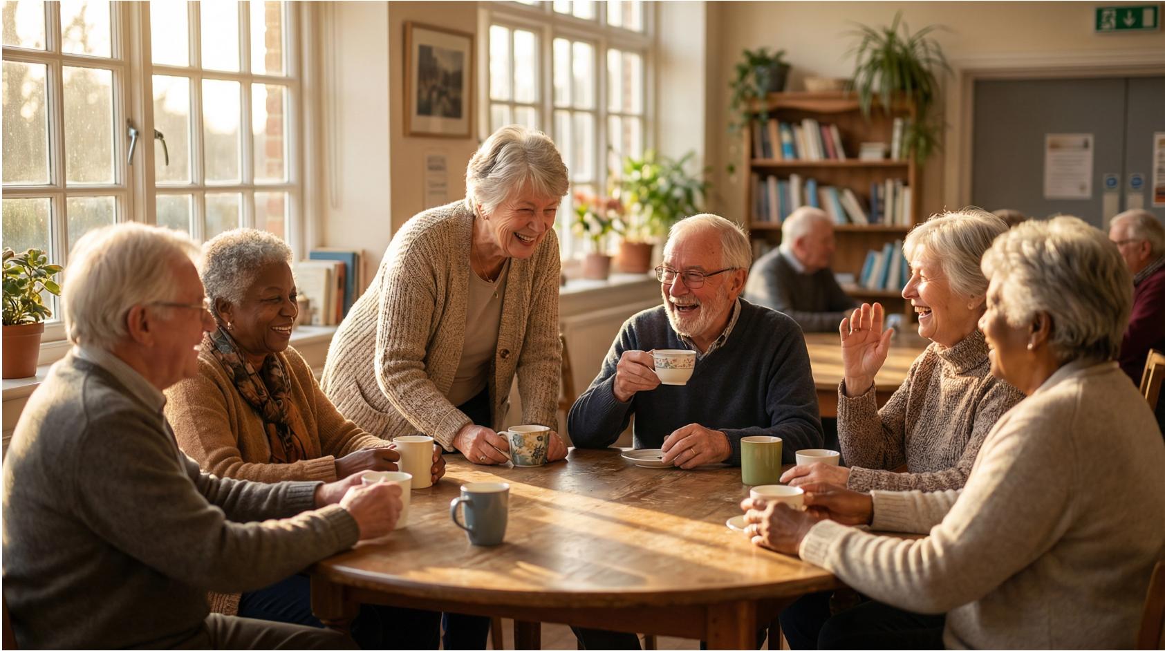 Grupa seniorów siedzi przy stole w centrum aktywności w Łodzi, rozmawia i śmieje się przy kawie – przykład aktywizacji społecznej osób starszych.