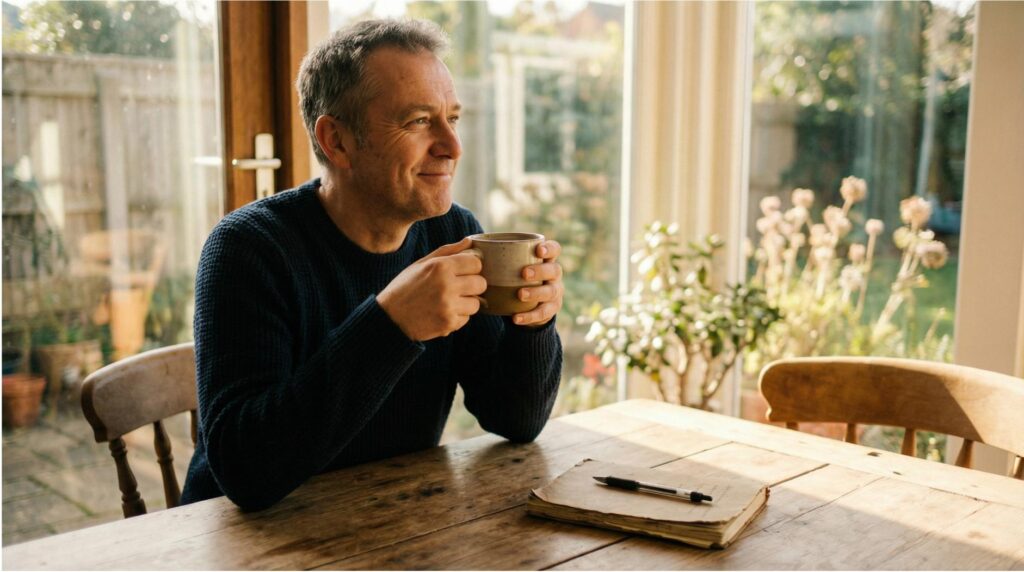 Mężczyzna w średnim wieku siedzi przy drewnianym stole z kubkiem kawy, patrzy z uśmiechem przez okno na ogród — symbol refleksji i nadziei w kontekście zdrowienia