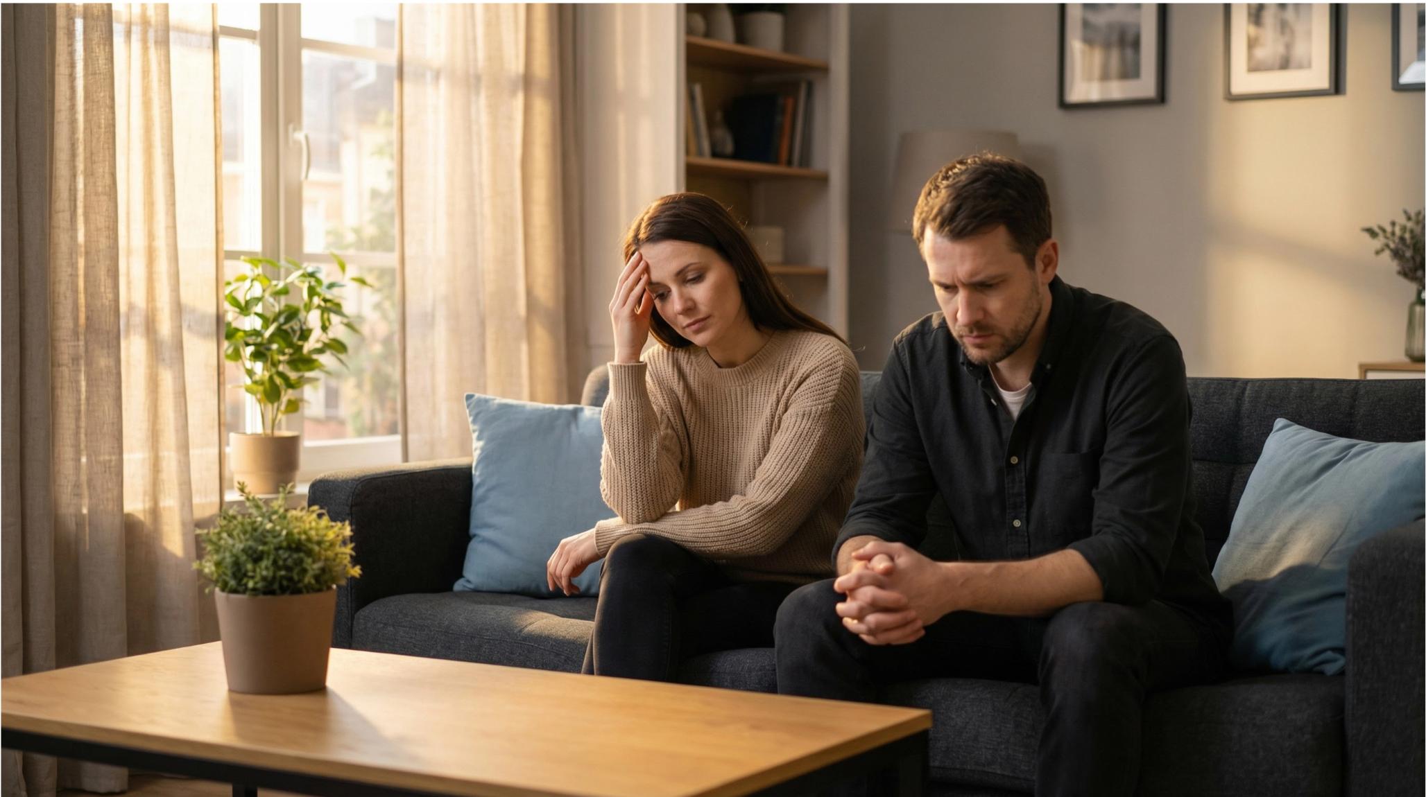Para na kanapie po kłótni - kobieta z ręką na czole, mężczyzna patrzy w dół z zatroskaniem