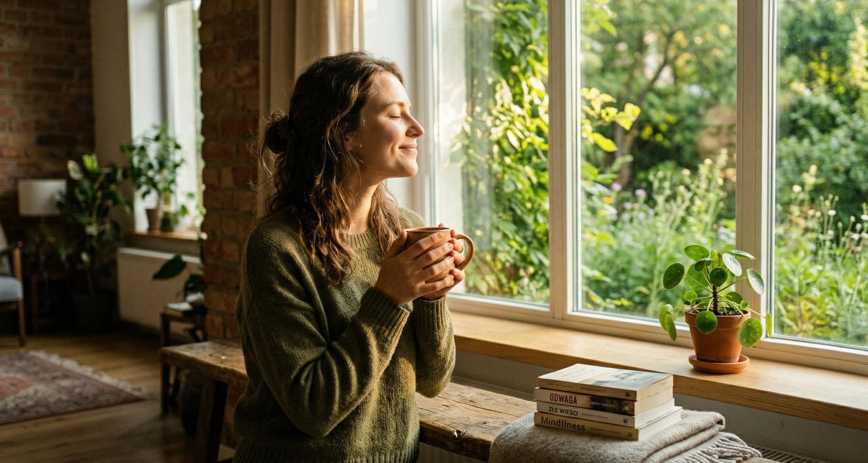 Młoda kobieta w zielonym swetrze siedzi przy oknie w słonecznym, przytulnym mieszkaniu. Ma zamknięte oczy i delikatny uśmiech, trzymając w dłoniach kubek. Na parapecie leży stos książek oraz roślina doniczkowa. Za oknem widać zielony ogród. Ciepłe, poranne światło.