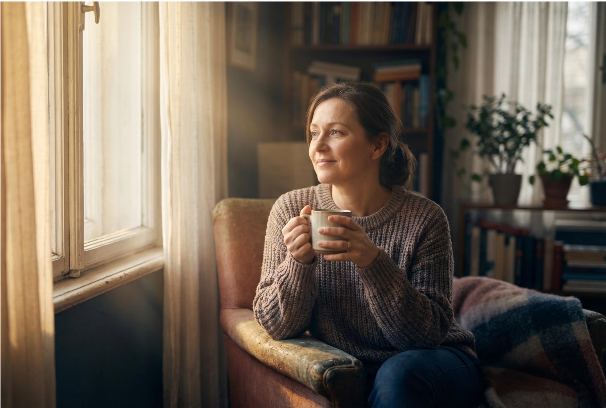 Kobieta siedząca przy oknie z kubkiem herbaty, patrząca spokojnie w dal – symbol odzyskiwania spokoju i jasności myślenia po doświadczeniu manipulacji