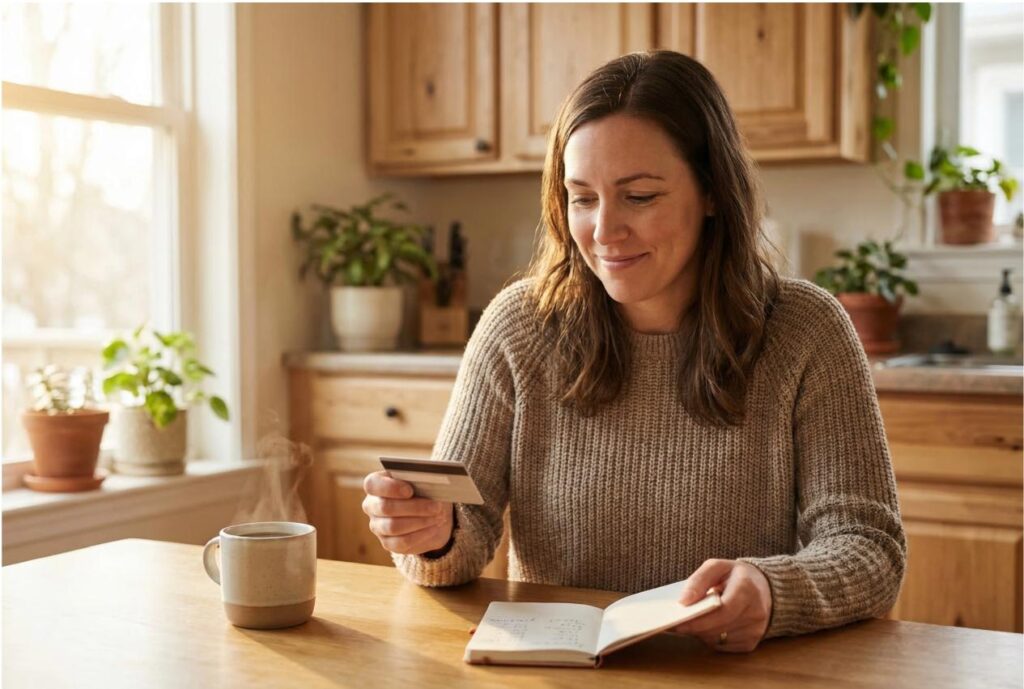 Kobieta siedząca przy kuchennym stole, trzymająca kartę bankową i notatnik – symbol odzyskiwania finansowej niezależności po doświadczeniu przemocy ekonomicznej