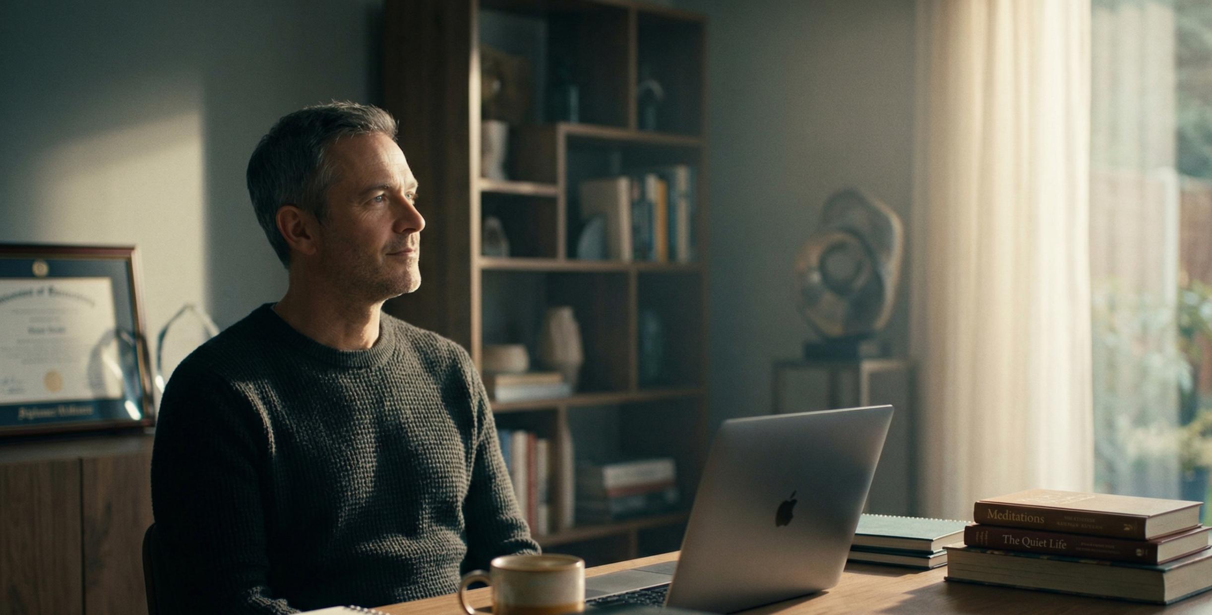 Szeroki kadr 16:9 przedstawiający dojrzałego mężczyznę w zamyśleniu, siedzącego rano w pokoju. Obraz symbolizuje moment refleksji nad nowym etapem życia i szukanie autentyczności.