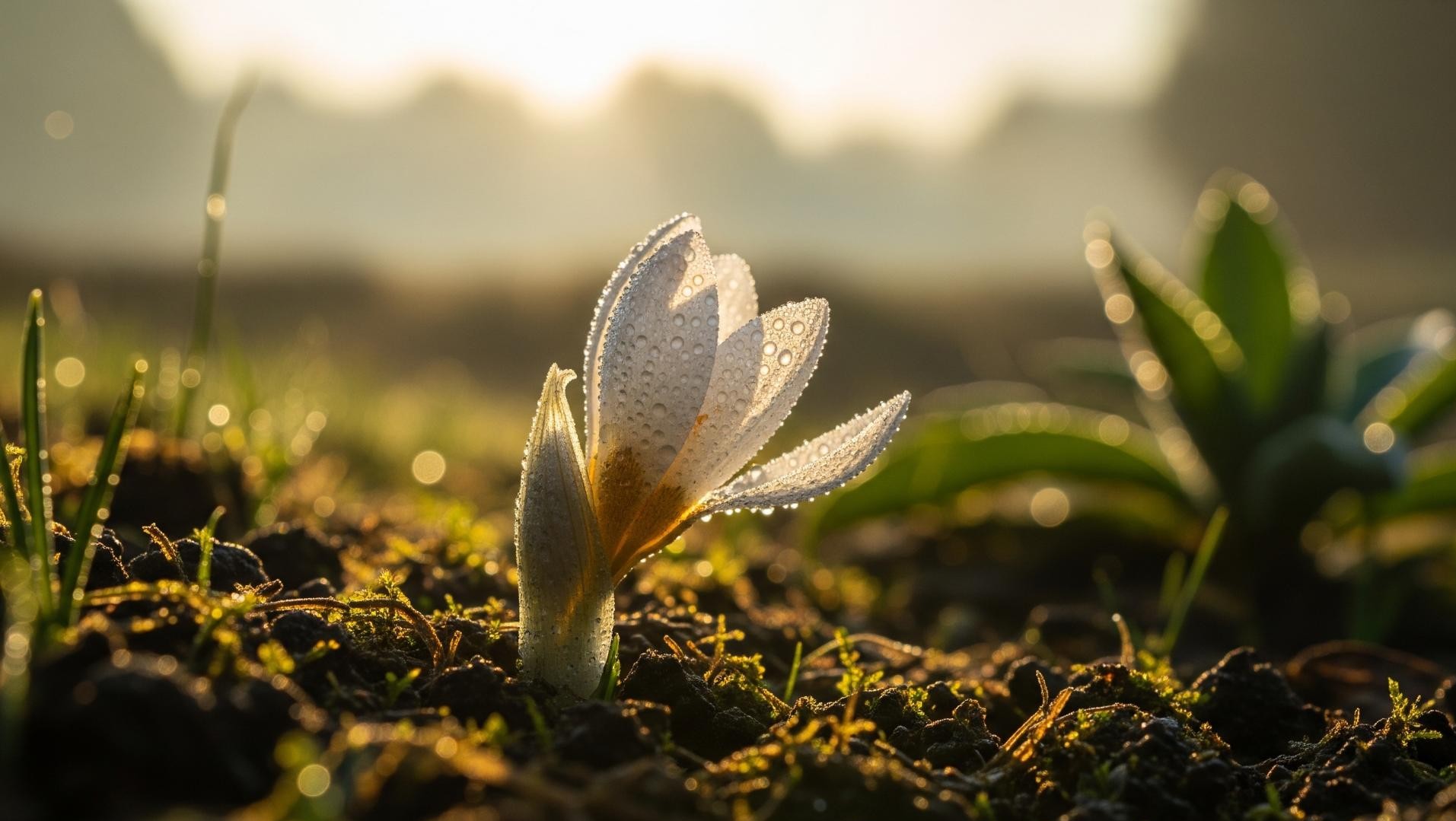 Makro zdjęcie białego kwiatu przebijającego się przez ciemną ziemię o wschodzie słońca, pokrytego kroplami rosy; symbol odrodzenia i nadziei.